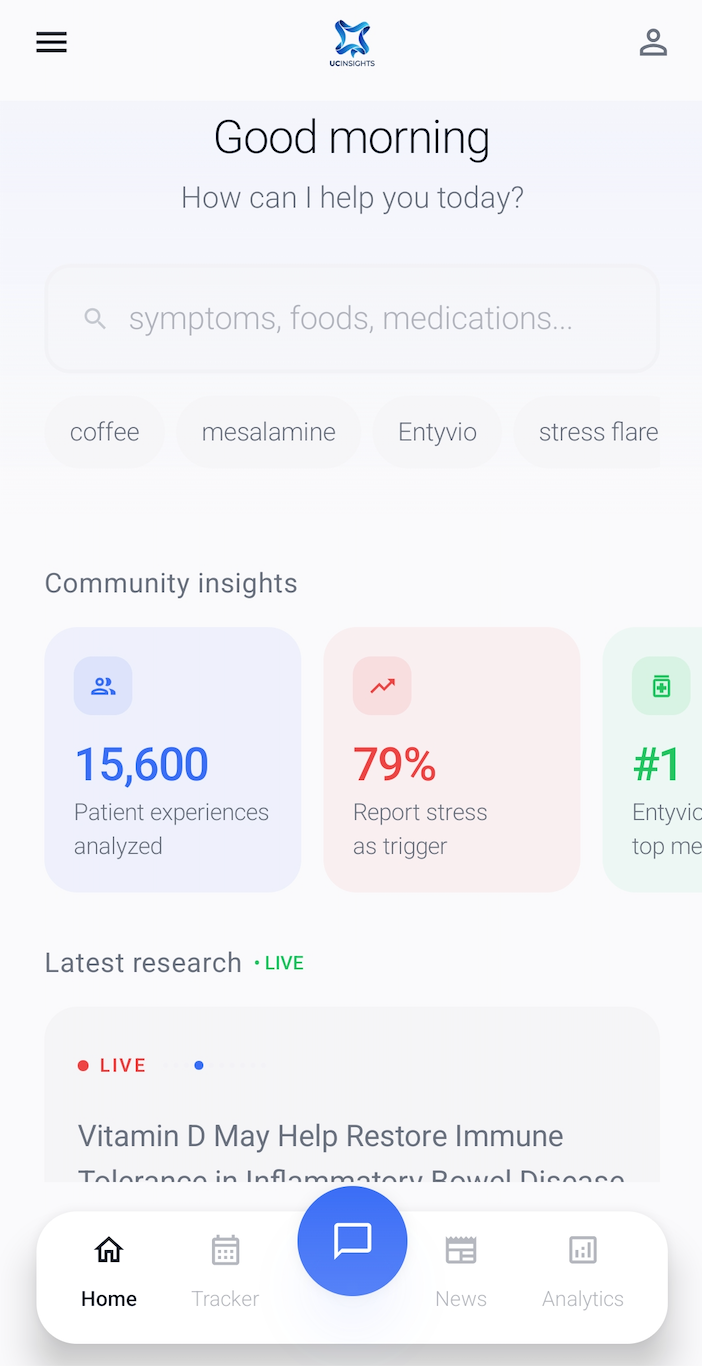 Ulcerative Colitis tracking app dashboard with AI insights